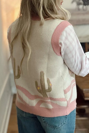 Color Block Cactus Pattern Western Sweater Vest, model styling view
