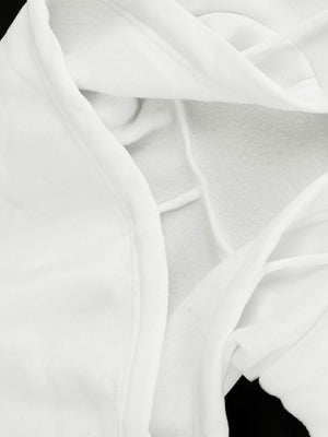 White zip-up hoodie with drawstring hood and soft fleece lining.