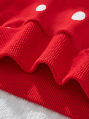 Red cotton crew sweatshirt with white bunny print and ribbed cuffs.