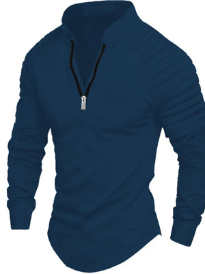 Peacock blue long sleeve pullover shirt with zip neck and pleated sleeves