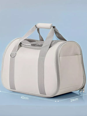 White hard-sided pet carrier bag with gray trim and handles, mesh top, and side pocket.