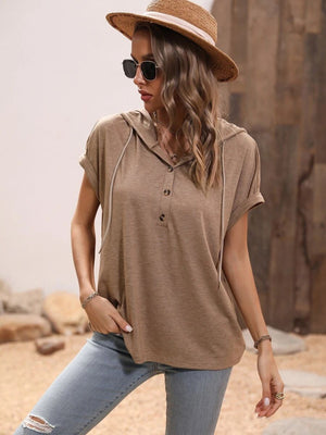 Mocha relaxed henley hoodie with rolled sleeves and button detail