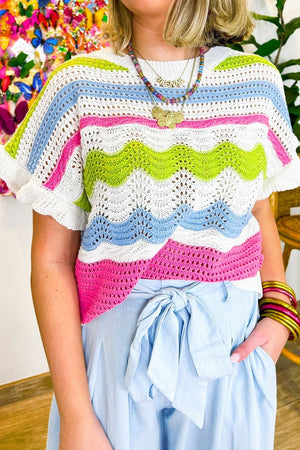 Scalloped crochet tee with ruffle sleeves in stripe pattern and colorblock design.