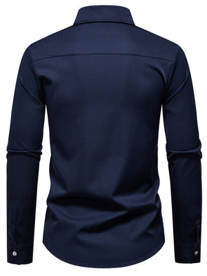 Navy blue men's button-down shirt with long sleeves and curved hem