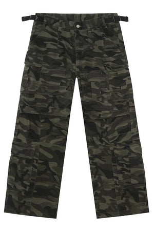Oversized camo utility cargo pants with multiple pockets and adjustable waist straps.