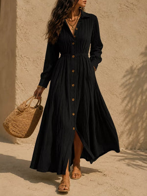 Textured Button Front Long Sleeve Maxi Dress Plus Size in Black, view 13