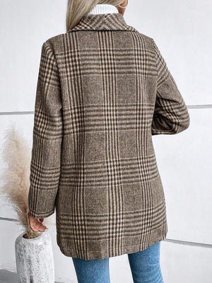 Coffee brown plaid tailored overcoat with a single button closure and notched lapel.