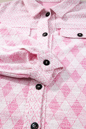 Pink diamond weave shacket with puff sleeves and buttoned front.