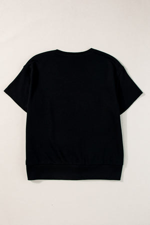 Black short sleeve sweatshirt with ribbed hem and crew neck