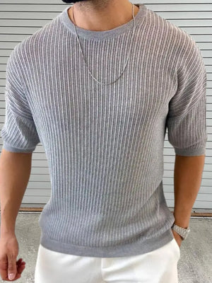 Gray open-knit boxy sleeve sweater with vertical ribbing.
