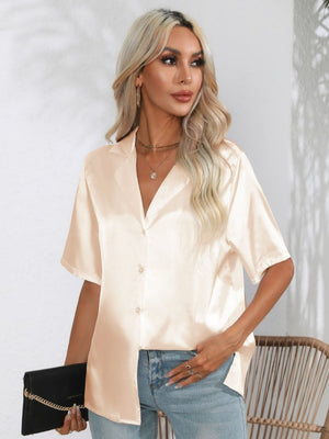 Satin tie-front collared shirt in Tan with short sleeves and button front.