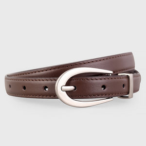Premium cowhide leather skinny belt in brown with silver buckle