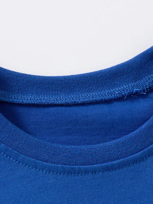 Toddler blue t-shirt with crew neck and contrast stitching detail.