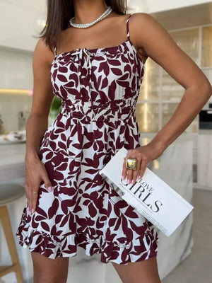 Spaghetti Strap Ruffle Hem Mini Dress in Red, fit detail