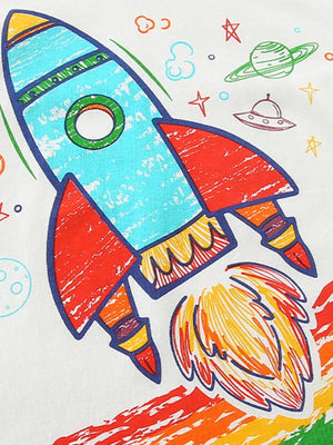 Kids' white cotton crew neck t-shirt with a colorful rocket ship graphic and space elements.