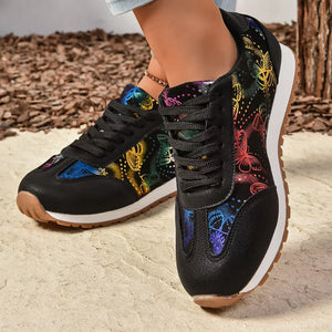 Black casual sneakers with rainbow butterfly print and lace-up closure.