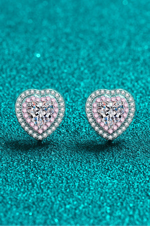 Silver heart halo stud earrings with pink accents and clear crystal center.