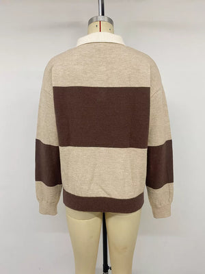 Color Block Polo Collar Sweater in Coffee Brown, fit detail