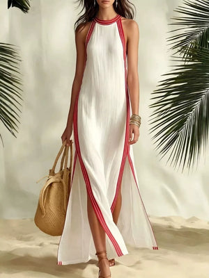 Full Size Slit Striped Sleeveless Maxi Dress in Green, close-up detail