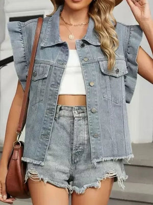 Ruffled denim vest with button-up front and chest pockets