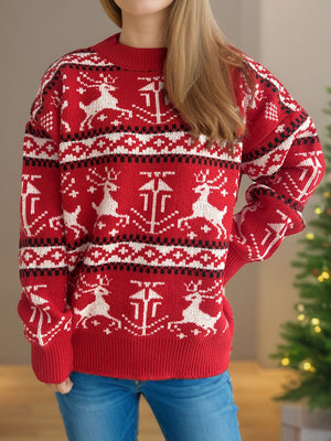 Reindeer Fair Isle crew neck sweater in deep red acrylic with white reindeer and geometric patterns.