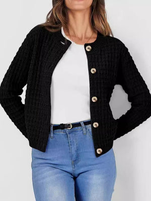Black textured knit button-up cardigan with round neckline and wooden buttons.