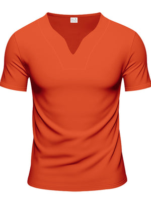 Men's orange cotton t-shirt with notched V-neck and short sleeves