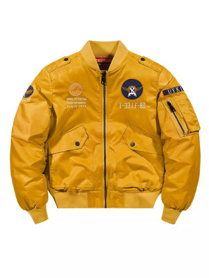 Men's yellow zip-up bomber jacket with patches and utility sleeve pocket.