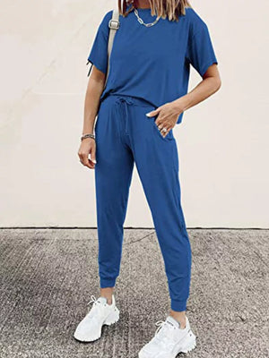 Blue cotton round neck top and jogger pants set with drawstring waist