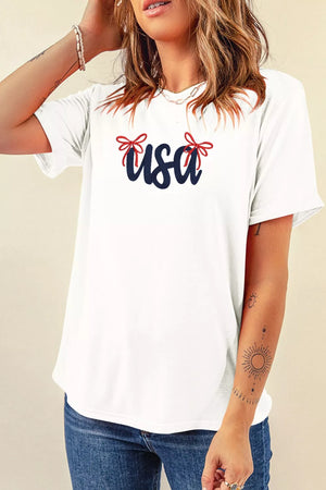 White cotton t-shirt with navy blue USA graphic and red bow embroidery
