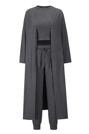 Dark gray loungewear set with long cardigan, crop top, and drawstring pants.