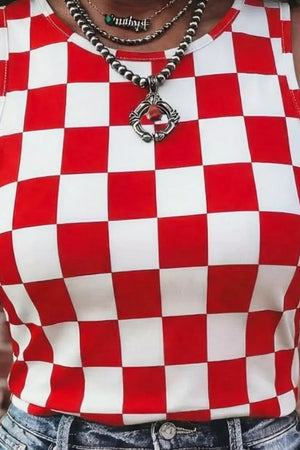 Red and white checkered fitted tank top with crew neck, styled with layered necklaces.