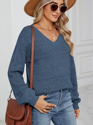 Peacock Blue Diamond Eyelet Knit V-Neck Sweater with long sleeves and a relaxed fit.