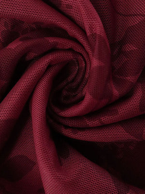Burgundy floral mesh bodycon mini dress fabric detail