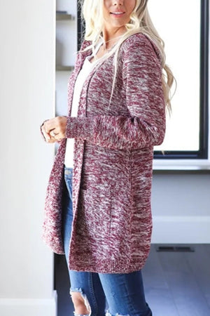 Hooded heathered knit open cardigan in deep purple with pockets.