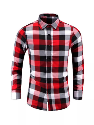 Men's long sleeve cotton button-up shirt in red, black, white, and grey plaid.