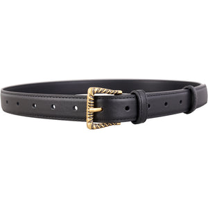 Black leather belt with textured gold buckle and multiple holes.