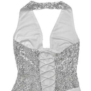 White sequin halter neck maxi gown with lace-up back detail