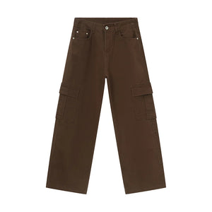 Oversized cargo denim trousers in coffee brown with large side pockets.