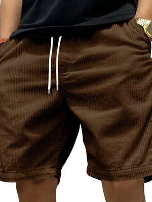 Corduroy drawstring shorts in Coffee Brown with a relaxed fit and white drawstrings.
