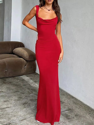 Red backless maxi dress with cowl neck and fitted silhouette