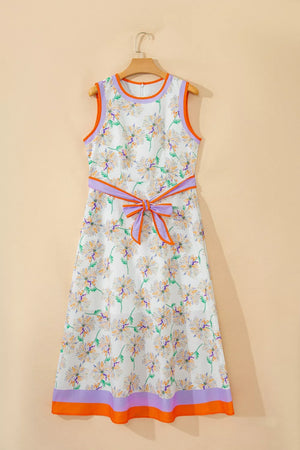 Floral print sleeveless dress with belted waist and contrast trim