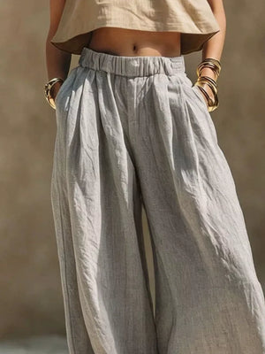 Full Size Elastic Waistband Wide Leg Pants in Beige, back view