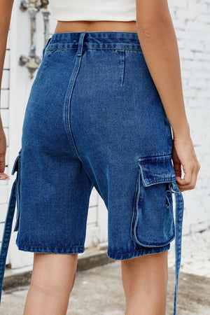 Medium blue denim cargo shorts with straps and utility pockets