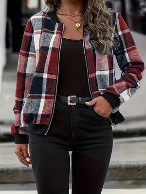 Plaid bomber jacket with ribbed cuffs and collar, zip front, in red, white, and navy plaid.