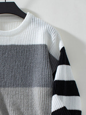 Colorblock stripe ribbed knit sweater with white, gray, and black horizontal stripes.