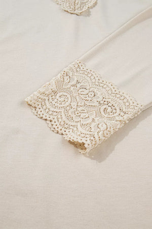Lace Trim V Neck Long Sleeve Patchwork Shirt, product detail