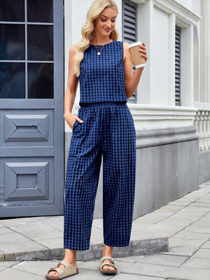 Navy gingham cropped tank and wide leg pants set with round neckline and elastic waist.