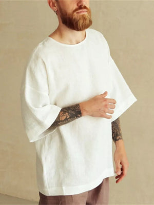 Men's Loose Fit Round Neck T-shirt Plus Size in White, side view