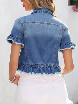 Blue denim trucker jacket with ruffled hem and short sleeves.